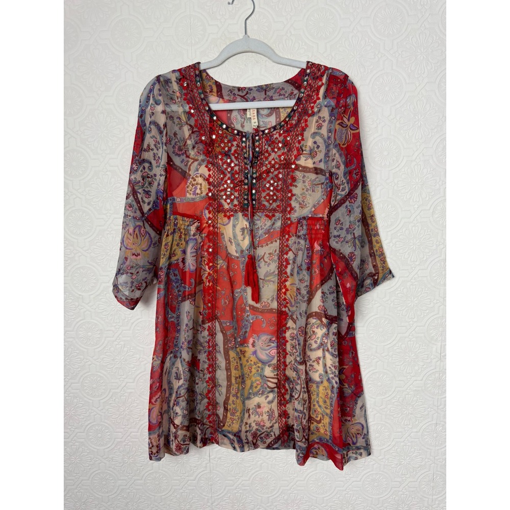 Raga Boho Embroidered Studded Dress Long Sleeve Sheer Festival NWT Womens XS Red